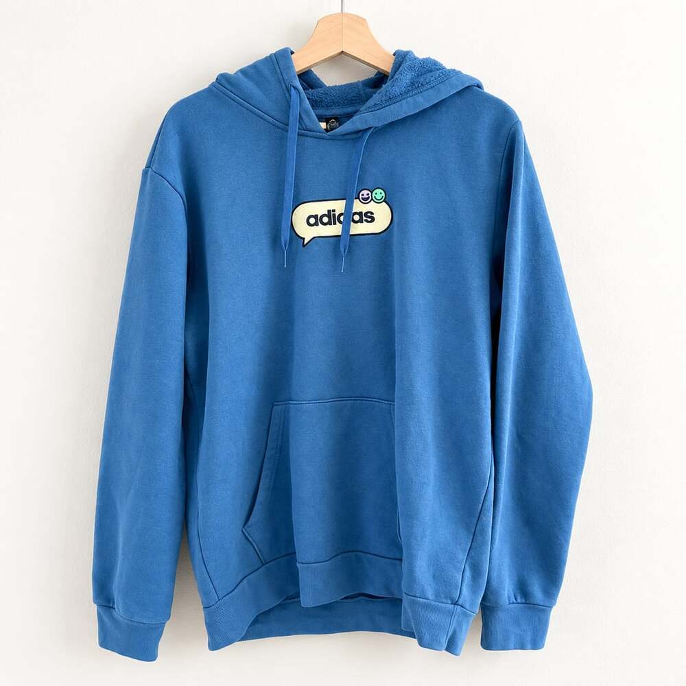 Adidas Blue Smiley Speech Bubble Graphic Hoodie Y2K Streetwear Medium